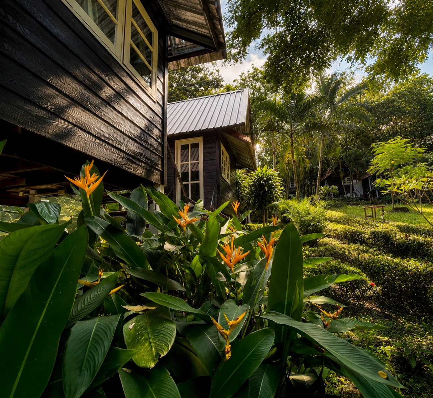 Tropical plants and architectural details around the Jungle Bungalows at Vanara