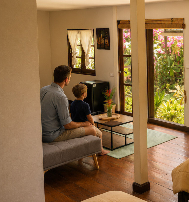Guest looking through the panoramic window of a Jungle Villa at Vanara Eco Resort