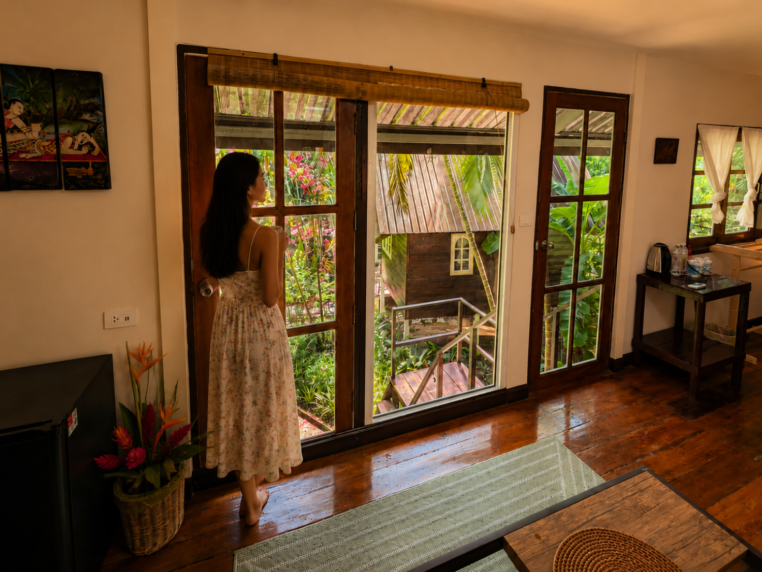 Guest enjoying the panoramic garden view from inside a Jungle Villa at Vanara Eco Resort