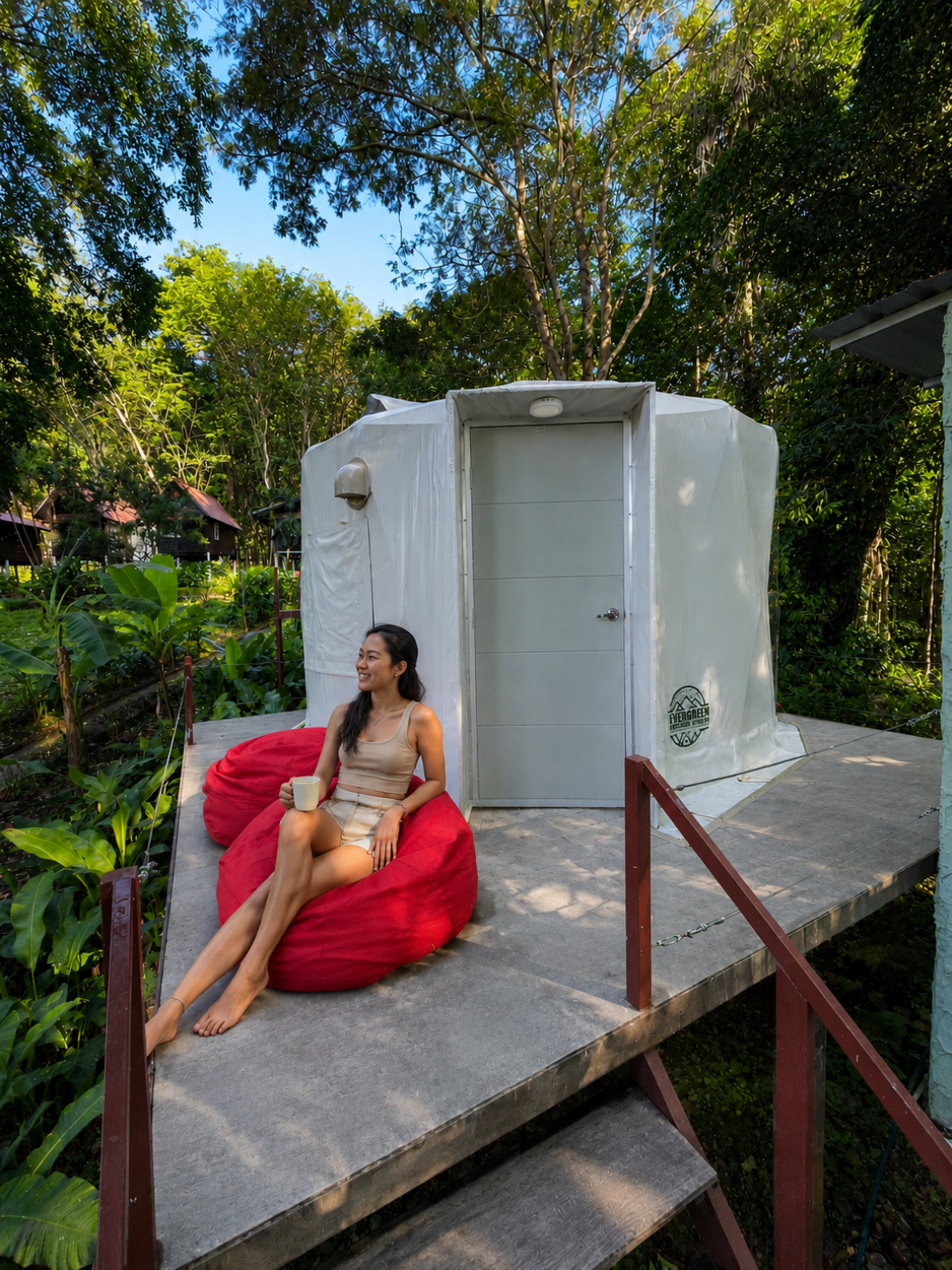 Low seating and relaxation area inside a Glamping Yurt at Vanara Eco Resort